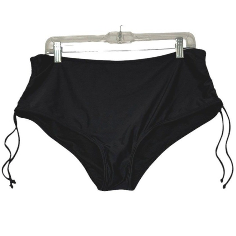 Black High Waisted Bikini Bottoms Ruched Side Tie Swim Briefs Size 14-16 Est